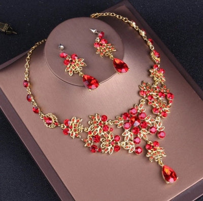 BJ50 Vintage Baroque Red Crystal Jewelry( Crown,Necklace,Earrings)