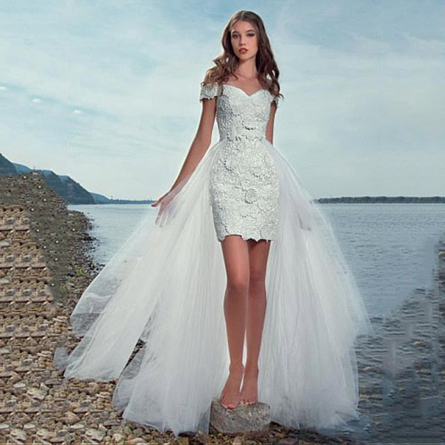 Modern Short Mermaid Wedding Dress with Detachable Train Three
