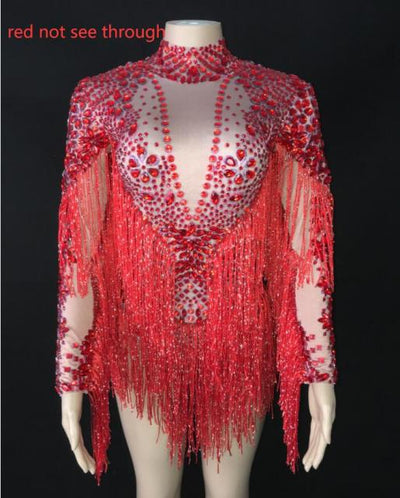 KP45 Dance Costume Transparent Fringe Bodysuits ( 4 Colors )