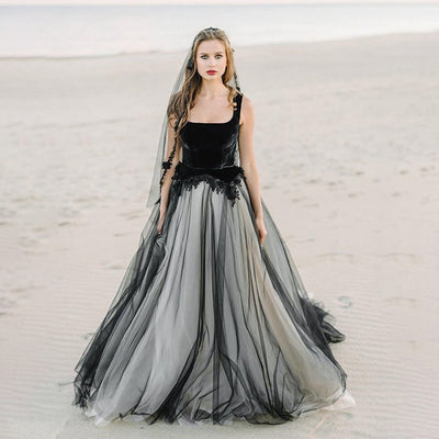 CG237 Square Neckline Velvet and Tulle Black Wedding Dress