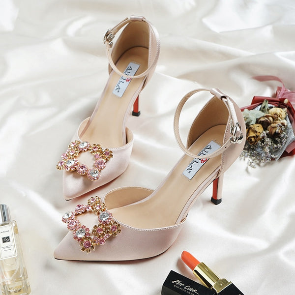 BS43 :3 Colors diamond satin Bridal Ankle strap shoes - Nirvanafourteen