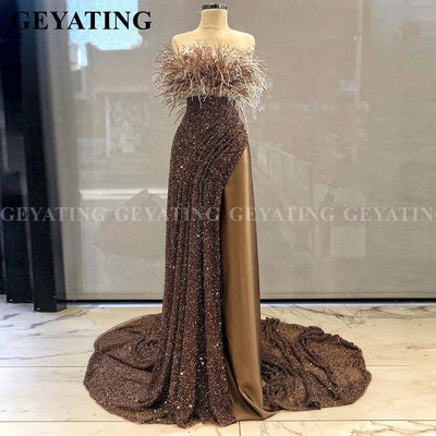 LG407 Strapless Sequin Feather Evening Gowns