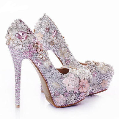 BS177 Luxury  Full diamond pearls Wedding Shoes (Pink/White)
