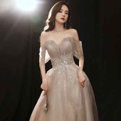 BH344 Champagne sequined off the shoulder Bridesmaid dress