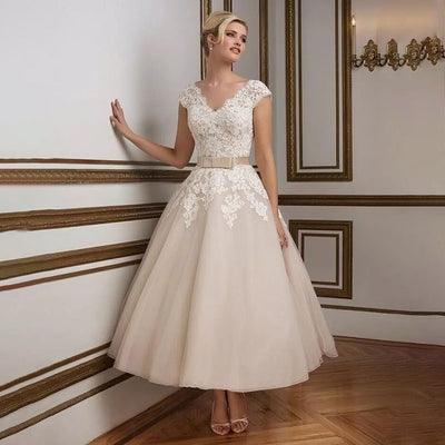 SS198 Cap sleeve Tea Length Wedding Dresses