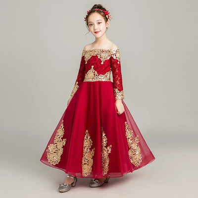 FG159 Red Wine Shoulderless Embroidery Lace Girl Dresses(3 Styles)