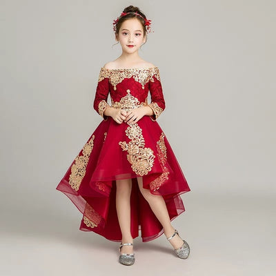 FG159 Red Wine Shoulderless Embroidery Lace Girl Dresses(3 Styles)