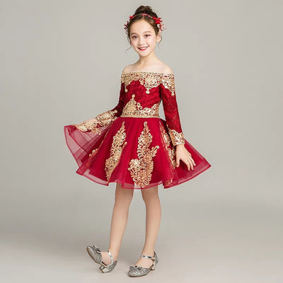 FG159 Red Wine Shoulderless Embroidery Lace Girl Dresses(3 Styles)