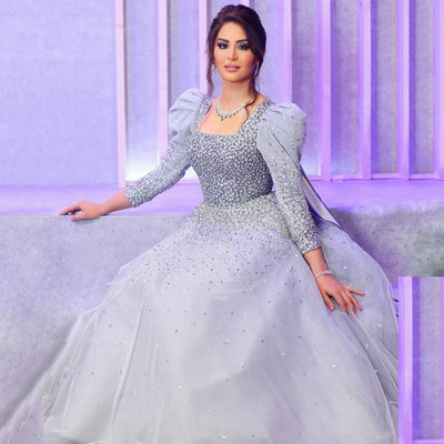 LG460 Classic Arabic Puff Long Sleeve Crystals Evening Dresses
