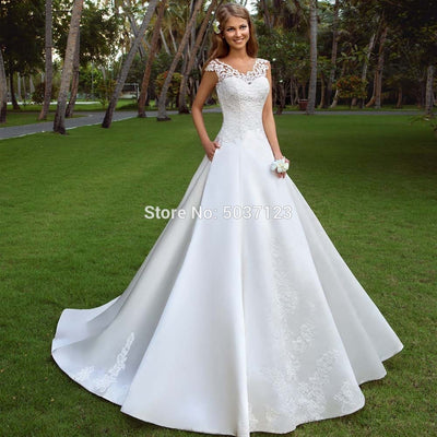 CW474 Lace satin A-line Bridal dress with pockets