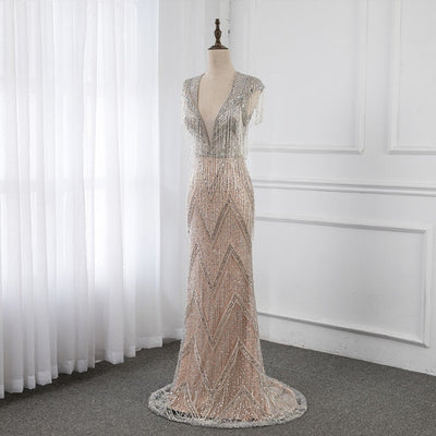 LG457 Real Photo Couture Deep V Neck Beaded Pageant Gown