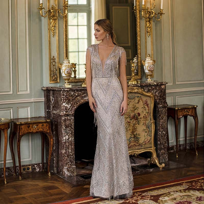 LG457 Real Photo Couture Deep V Neck Beaded Pageant Gown