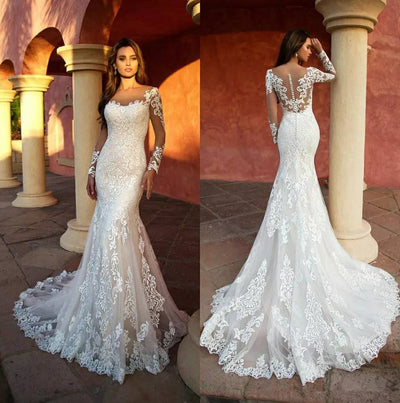 CW286 Custom Made Long Sleeve Lace Mermaid Wedding Dresses