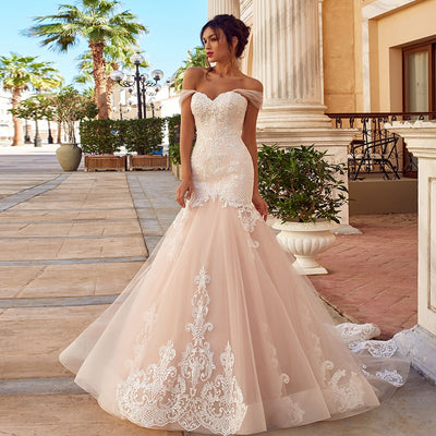 HW411 Custom Made Off the shoulder Trumpet Wedding Gown