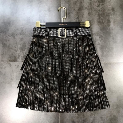 CK126 Rhinestones Tassel skirt with belt