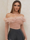 JR84 Pink Feather off the shoulder Bodysuit