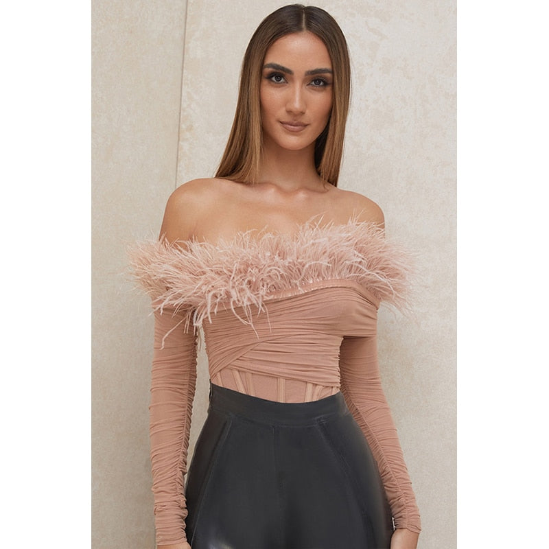 JR84 Pink Feather off the shoulder Bodysuit - Nirvanafourteen