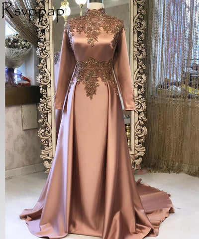 LG503 Muslim Beaded Appliques Satin Evening Dresses
