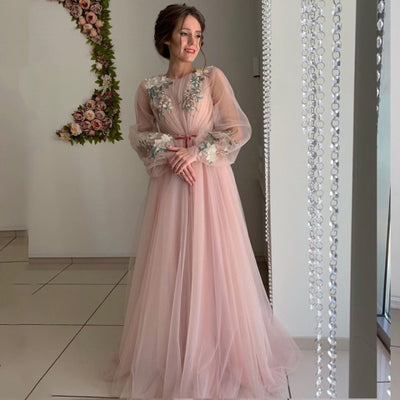 PP394 Vintage Puff sheer sleeve Prom dress