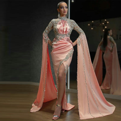 LG348 Luxury High Neck Beaded Peach color Evening Gown