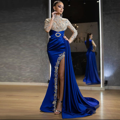 High Neck Beaded Side Split Evening Gowns