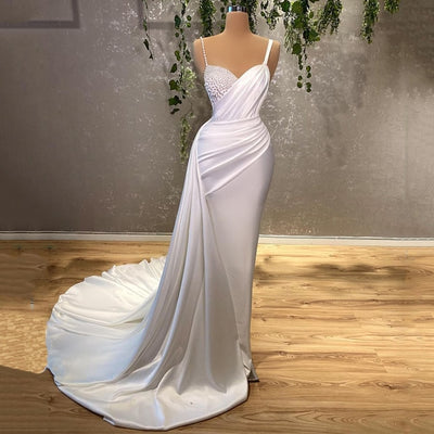 CW354 simple satinpearls beaded mermaid wedding dress