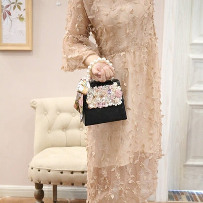 CB208 Pearls Appliques Flower Evening Clutch Bags(Black/Pink)
