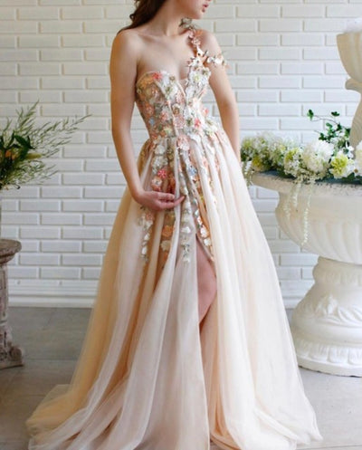 PP392 Appliques flowers Side Split Prom dress