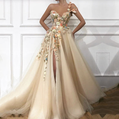 PP392 Appliques flowers Side Split Prom dress