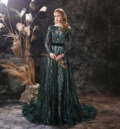 LG373 Real Photo Green sequined Long sleeve A-line Evening Gown