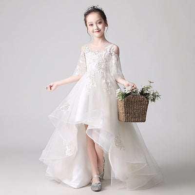 FG165 Elegant white high low Flower girl dress