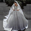 HW258 Glamorous Deep V-neck Illusion Long Sleeves Bridal Gown