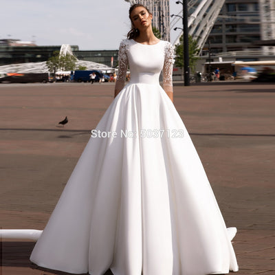 CW464 : 3/4 sleeves Satin A-Line Wedding Dresses
