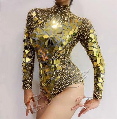 KP69 Stage dance costume Rhinestones Mirrors Bodysuits (2 Colors )