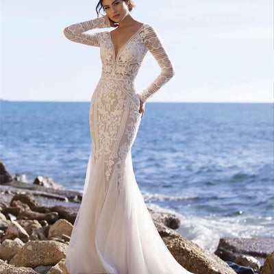 CW535 Gorgeous V-Neck Long Sleeve Lace mermaid wedding dress