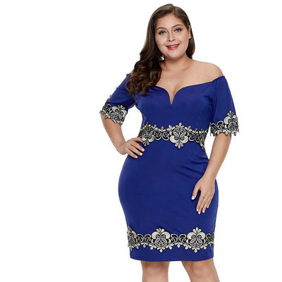 MX153 Blue Plus Size 3/4 Sleeve Off Shoulder Party Dress