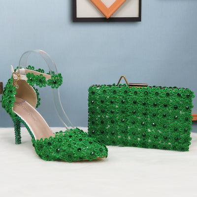 BS165 Green Lace Wedding Shoes + Clutch Purse