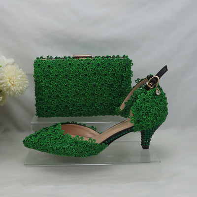 BS165 Green Lace Wedding Shoes + Clutch Purse