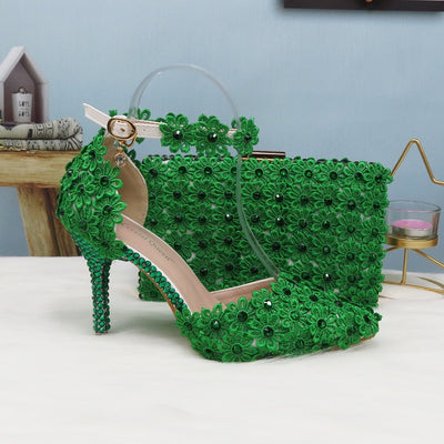 BS165 Green Lace Wedding Shoes + Clutch Purse