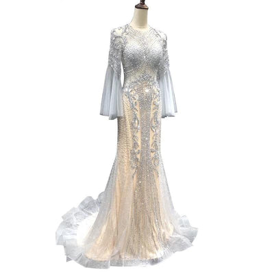 LG202 Luxury flare sleeves sequined beading Evening Gowns ( 3 Colors)