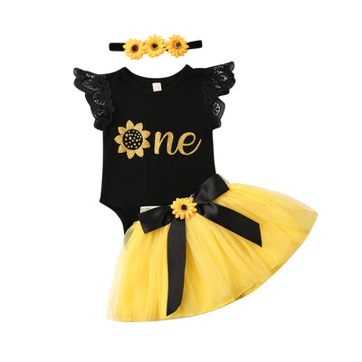 FG266 :3pcs Fashion Sunflower Sets(Romper+Headband+Skirt)