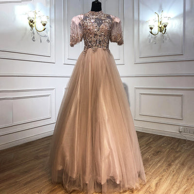 LG423 Gold Short Sleeves beaded Evening Dress