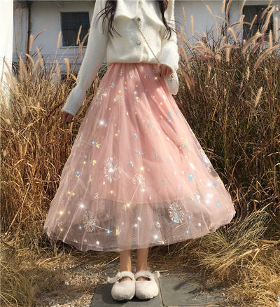 CK102 : 3 layers sequin embroidered mesh skirts ( 3 Colors )