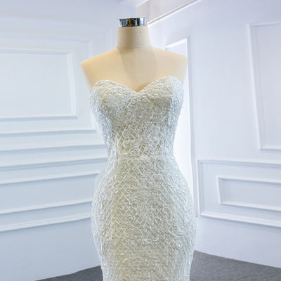HW355: 2pcs Pearls Lace Mermaid Wedding Dress With Detachable Chapel Train