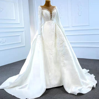 HW289 Real Picture Classy satin pearls beaded Wedding gown with overskirt