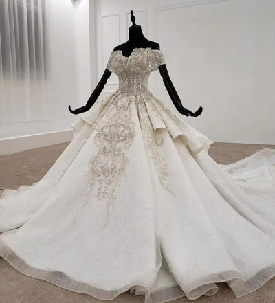 HW119 Handmade off the should diamond beaded wedding dress
