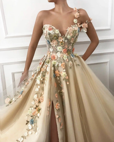 PP392 Appliques flowers Side Split Prom dress