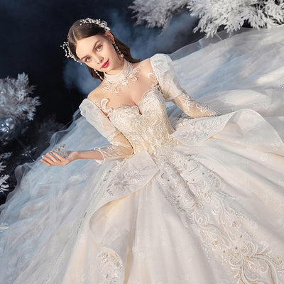 HW339 Gorgeous Shiny 3/4 Sleeve Wedding Gowns