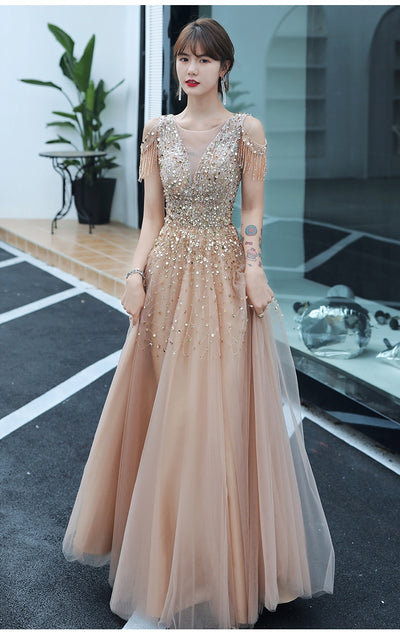 BH256 Handmade Sequined Champagne Bridesmaid Dress