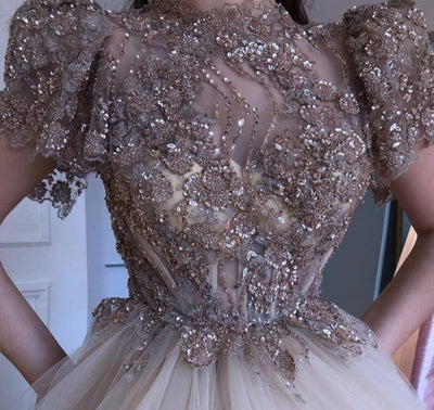 LG423 Gold Short Sleeves beaded Evening Dress